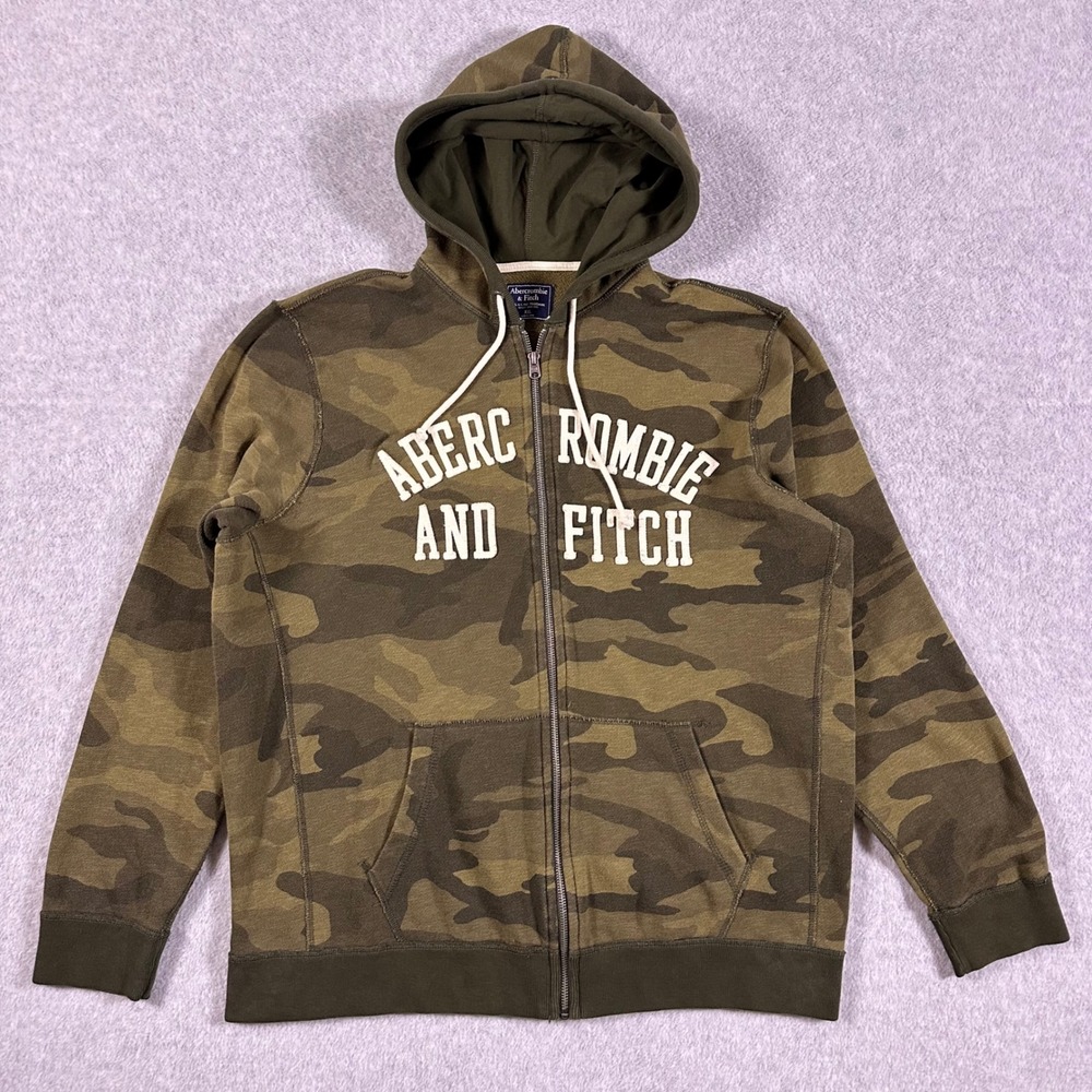 Abercrombie & Fitch Mens XXL Camouflage Full Zip Applique Logo Hoodie Green